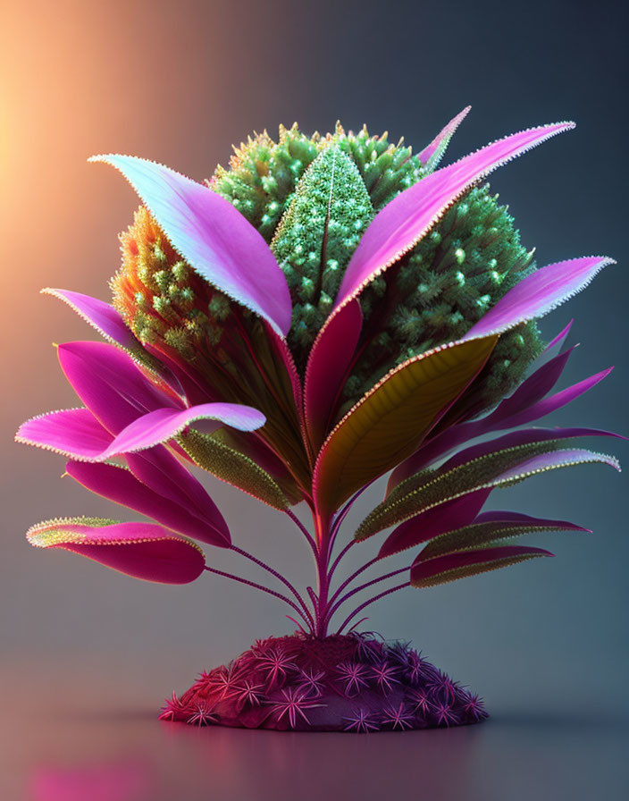 Colorful digital artwork of fantastical plant with diverse foliage on gradient background