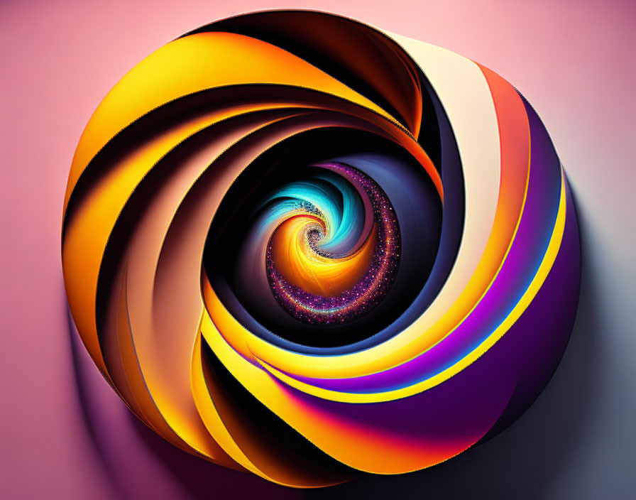 Colorful Spiral Art: Warm Oranges to Cool Purples on Pink Background