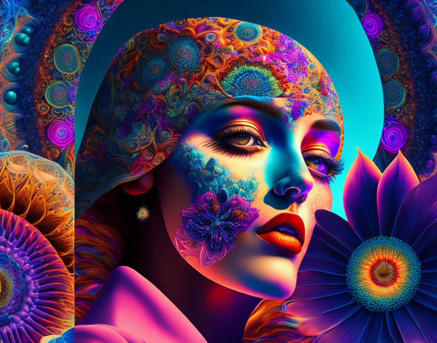 Colorful digital artwork: Woman with patterned headdress and floral motifs.