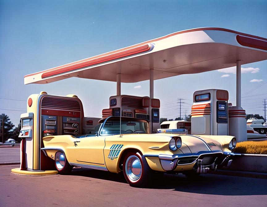 Vintage yellow car at retro gas station with red canopy