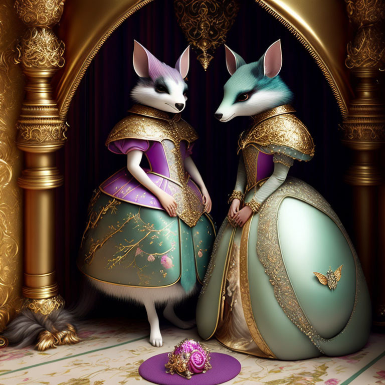 Anthropomorphic foxes in elegant attire in regal room with golden pillars