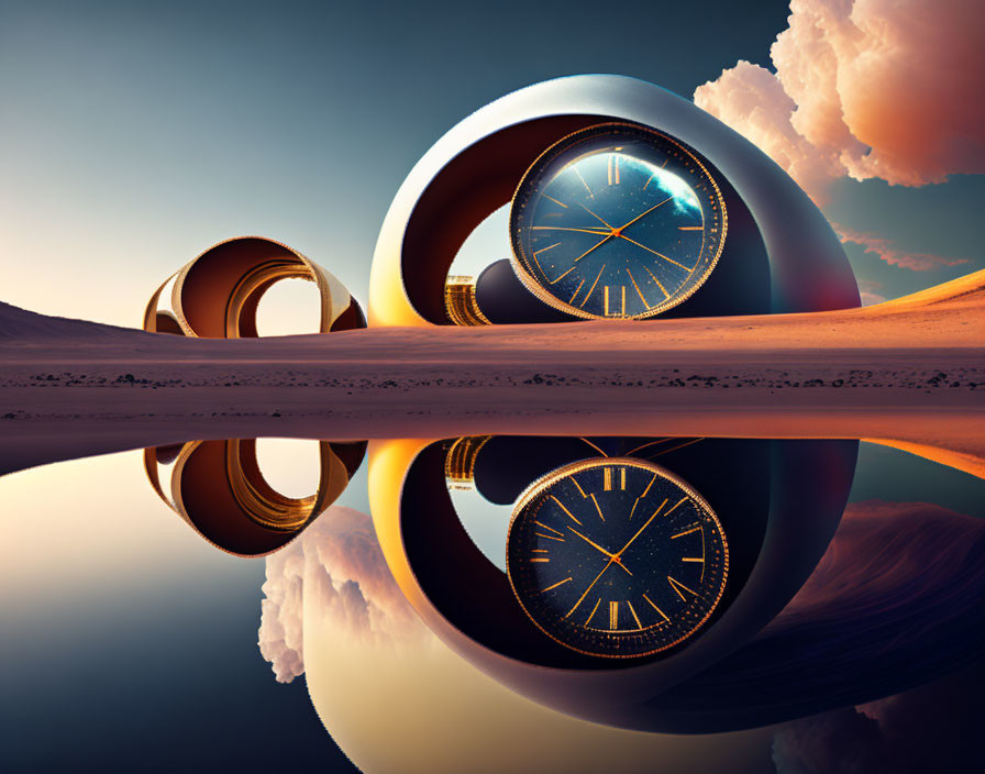 Surreal landscape with polished spheres, clock, and water reflection