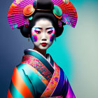 Traditional Geisha Costume with Elaborate Hairstyle & Kimono