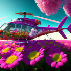 Pink helicopter with flower designs in blooming peony field