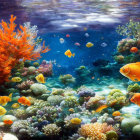 Colorful underwater scene with sharks, diverse fish, and vibrant coral reefs.