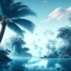 Surreal landscape with tropical palms, snow, waterfalls, and river