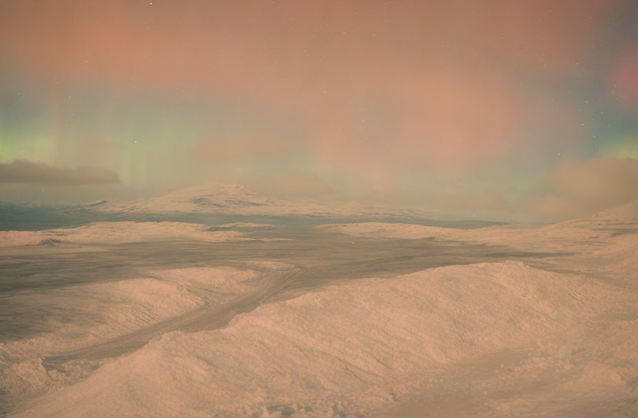Snowy Landscape with Subtle Aurora Borealis at Dusk or Dawn