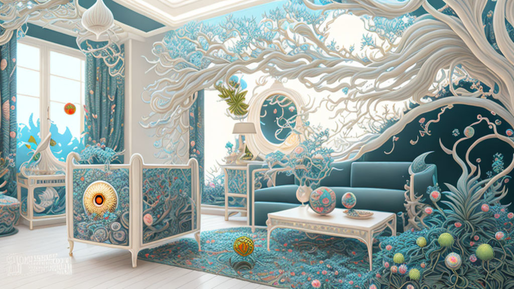 Room with Blue Oceanic and Tree Designs: Intricate Furniture and Decor for Underwater Fantasy Theme