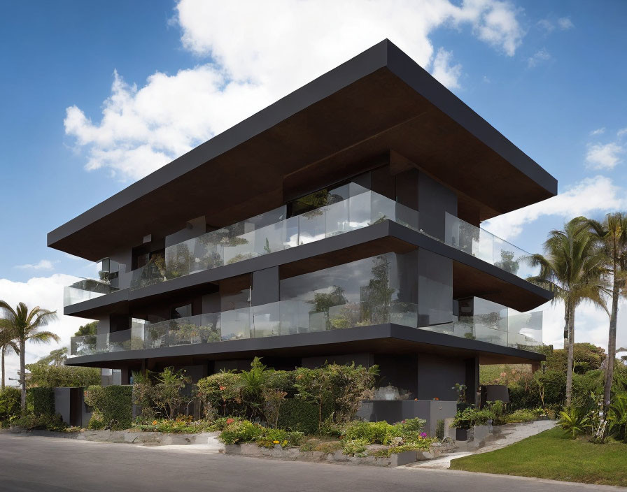 Contemporary multi-tiered glass building with cantilevered floors and green surroundings.