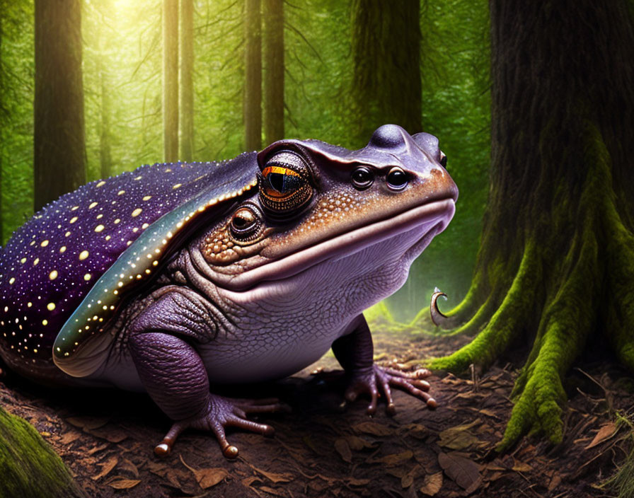 Whimsical oversized frog in vibrant purple skin in lush green forest