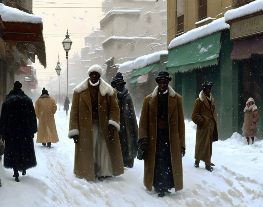 Snow-covered street with people in heavy winter clothing