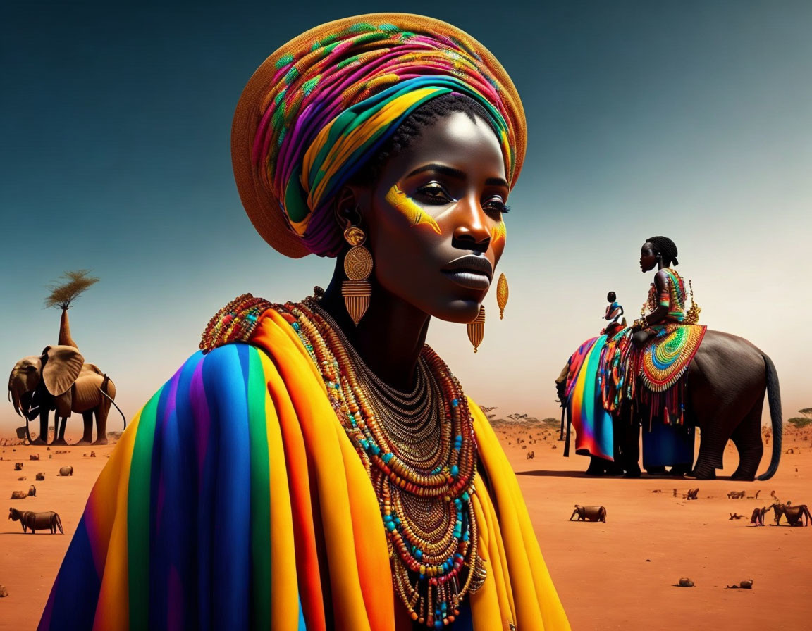 Colorful digital art: Woman in African attire with savannah backdrop