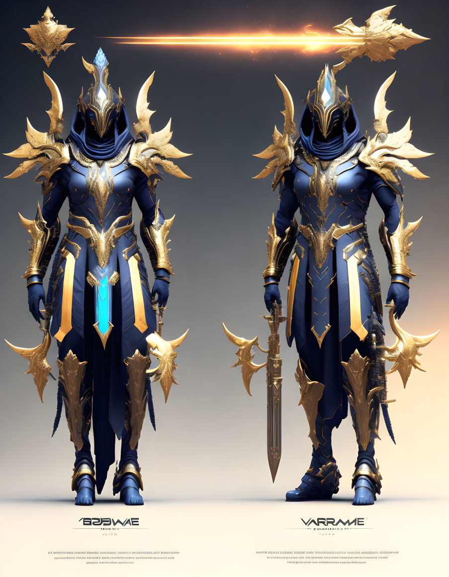 Futuristic armored warrior in gold and blue with sword poses on neutral background.