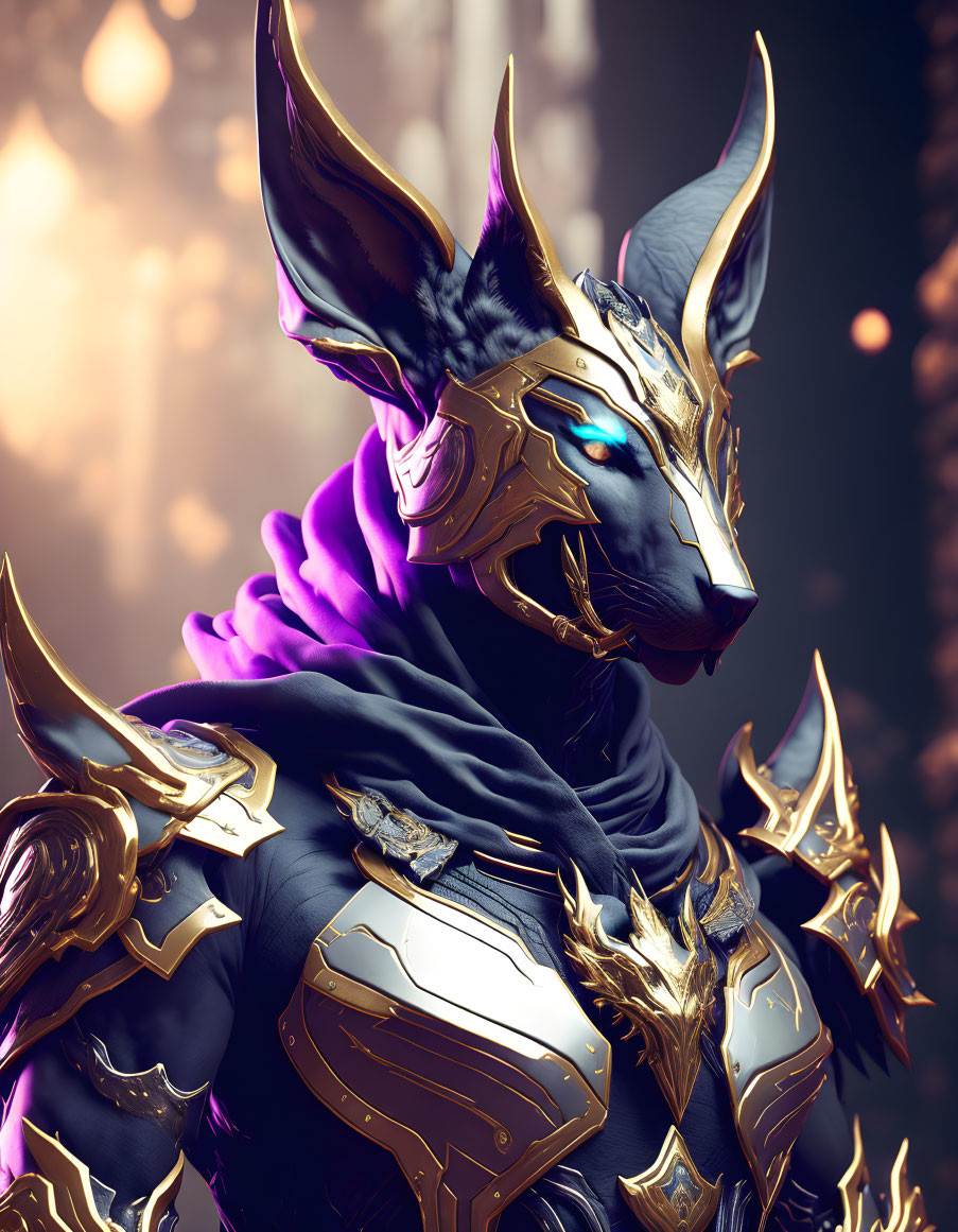 Regal Figure in Golden and Black Feline Mask with Ornate Armor and Purple Cloak