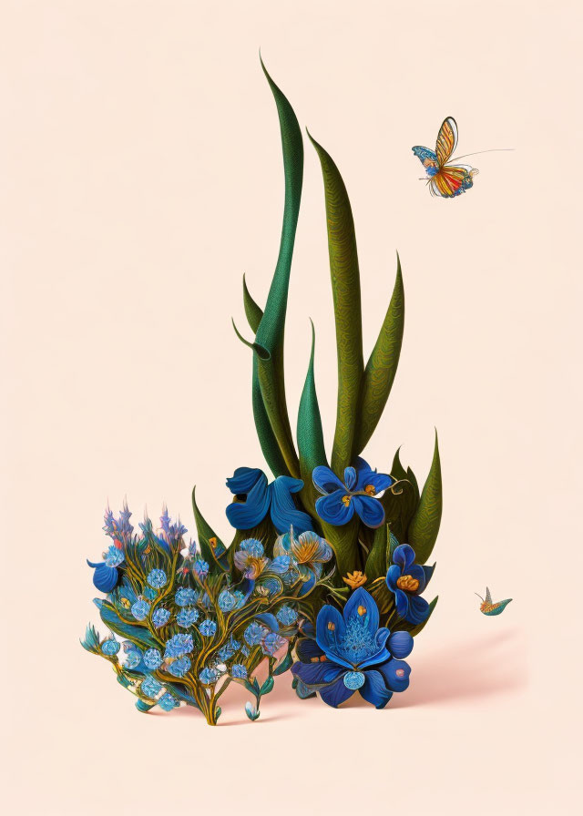 Stylized blue flower bouquet with butterflies on pastel background