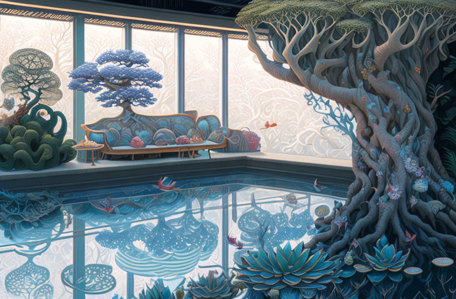Indoor Space with Tree, Sofa, and Aquatic Motifs