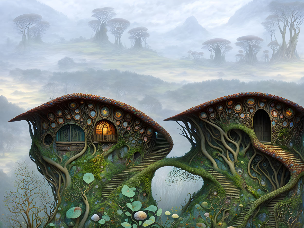 Fantasy landscape with mushroom-shaped houses and misty hills