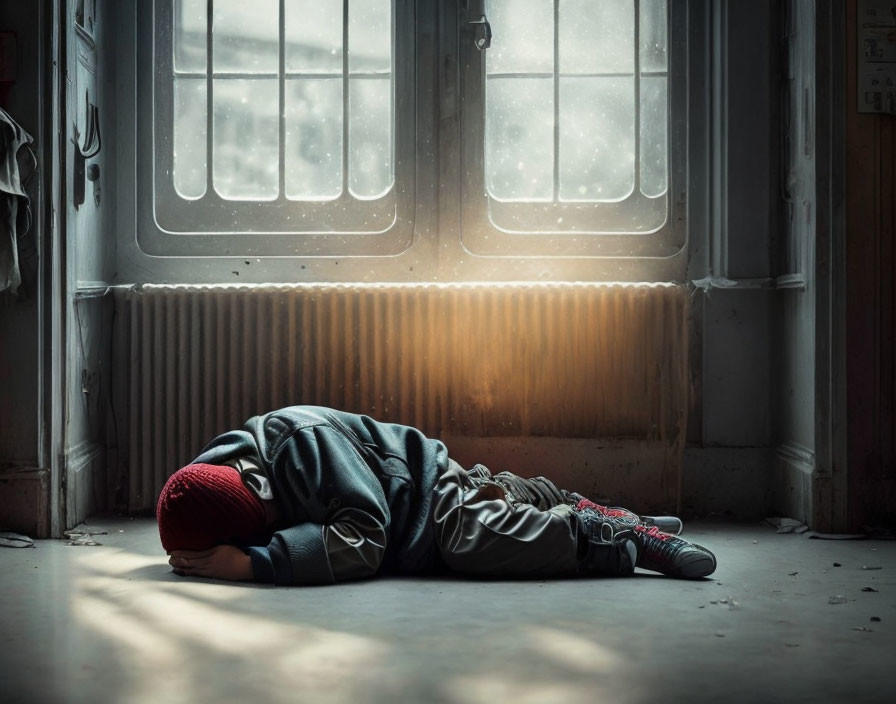 Person curled up on floor near window with dramatic sunlight streaming through