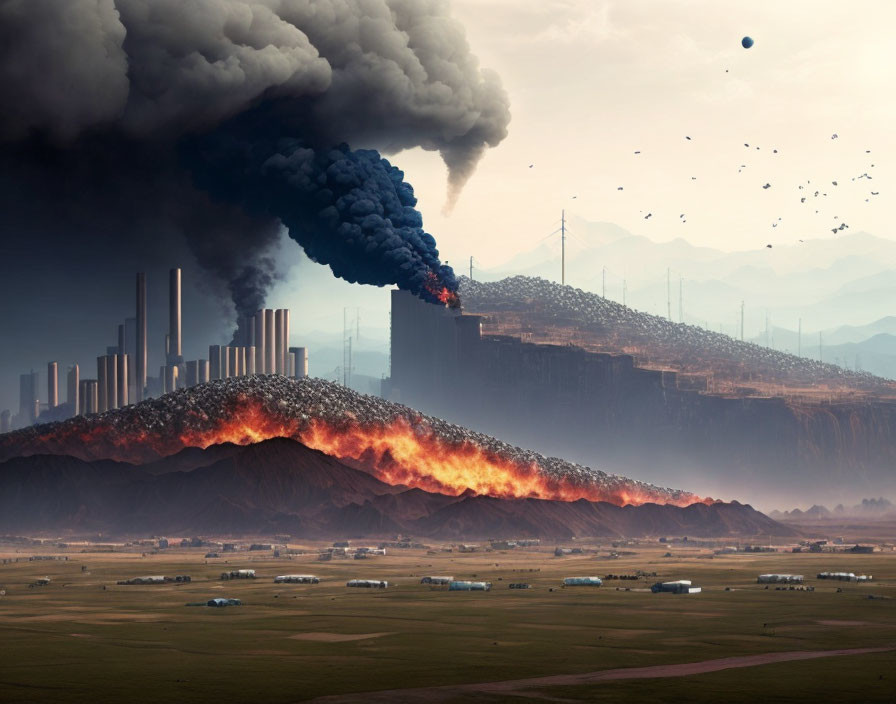 Dystopian landscape with industrial complex, volcanic eruption, and dark smoke