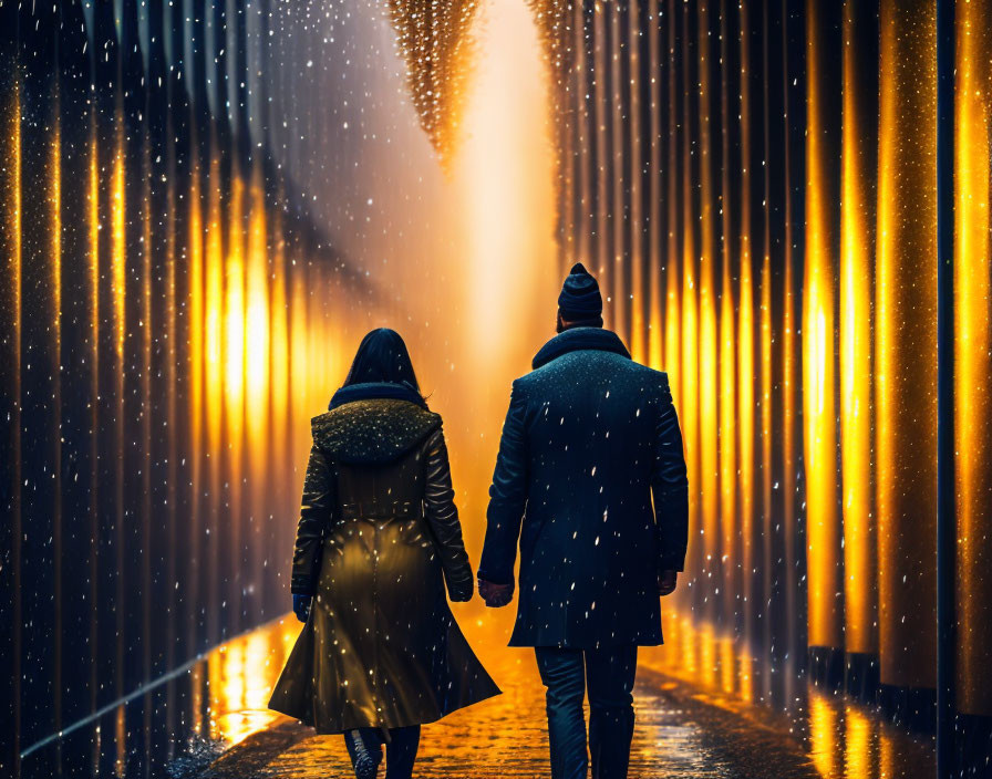Couple walking through illuminated tunnel in snowfall