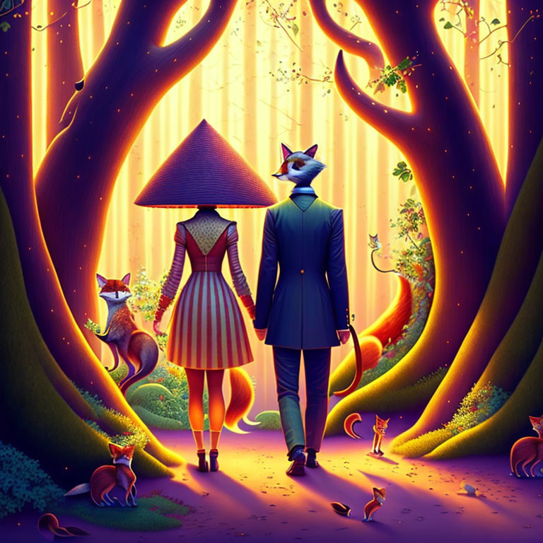 Anthropomorphic foxes in human attire stroll in enchanted forest with magical glow