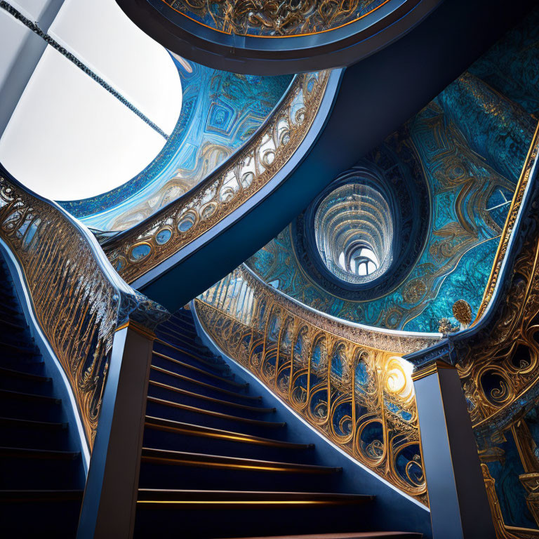 Ornate golden-blue spiral staircase with converging steps