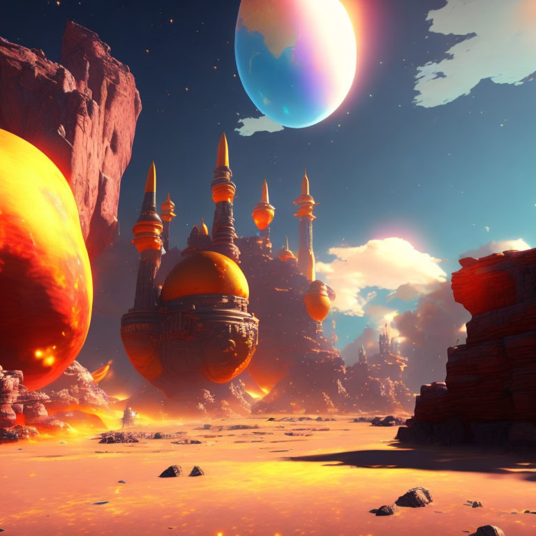 Fantasy landscape with alien spires and colorful planets on rocky terrain