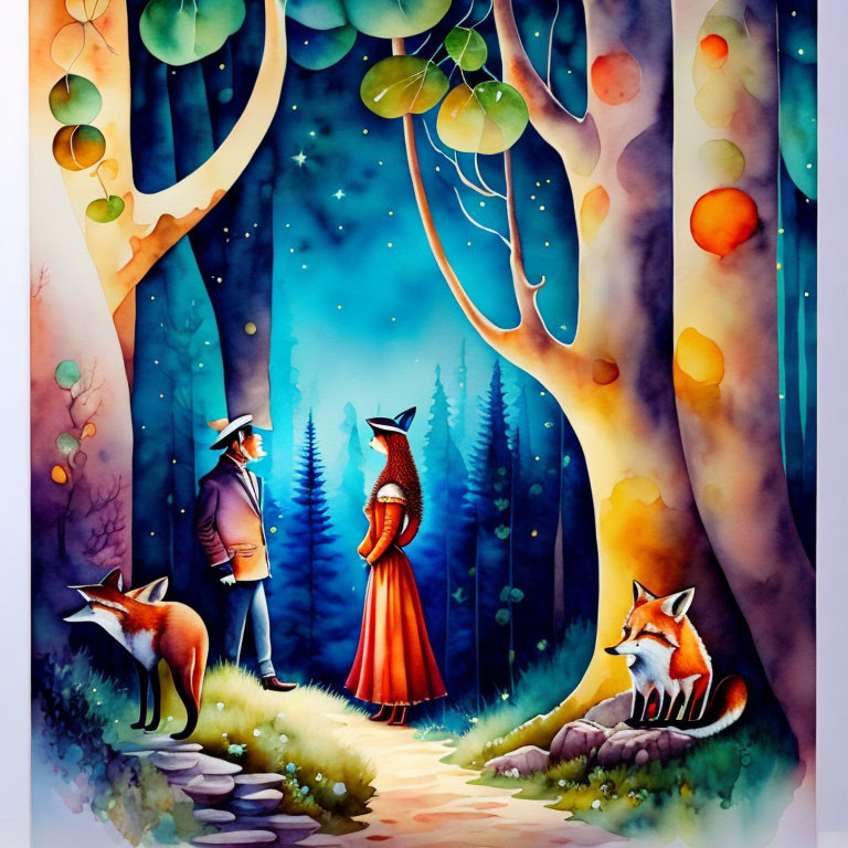 Whimsical painting of person with human-sized fox in forest
