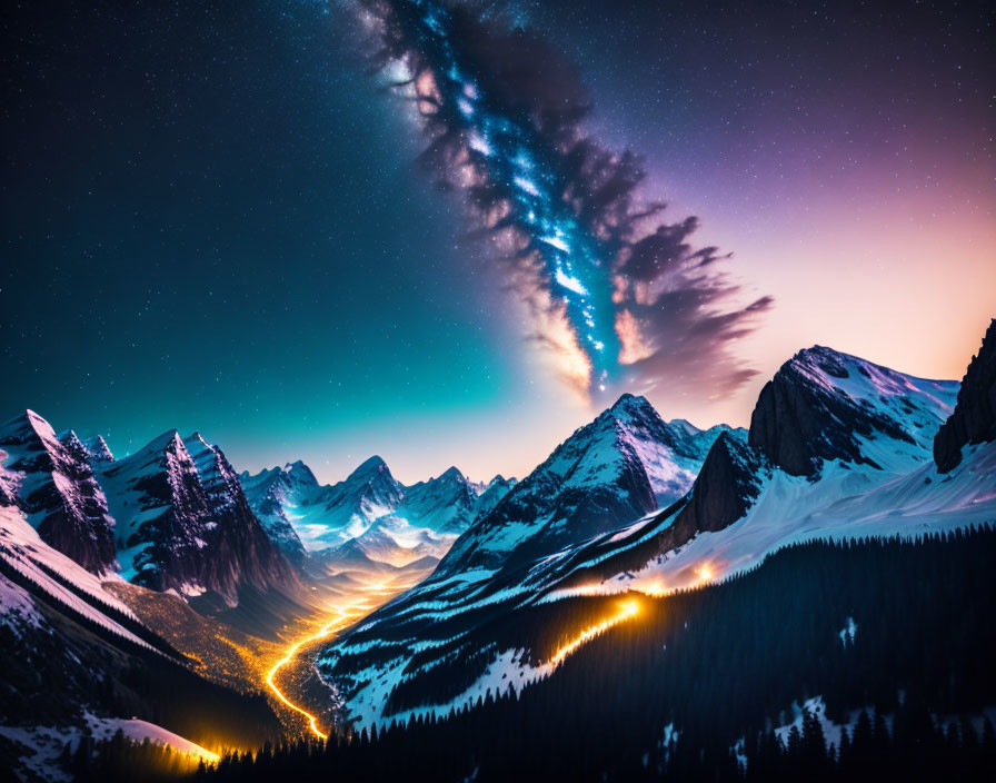 Snow-capped mountains under Milky Way in vibrant night sky