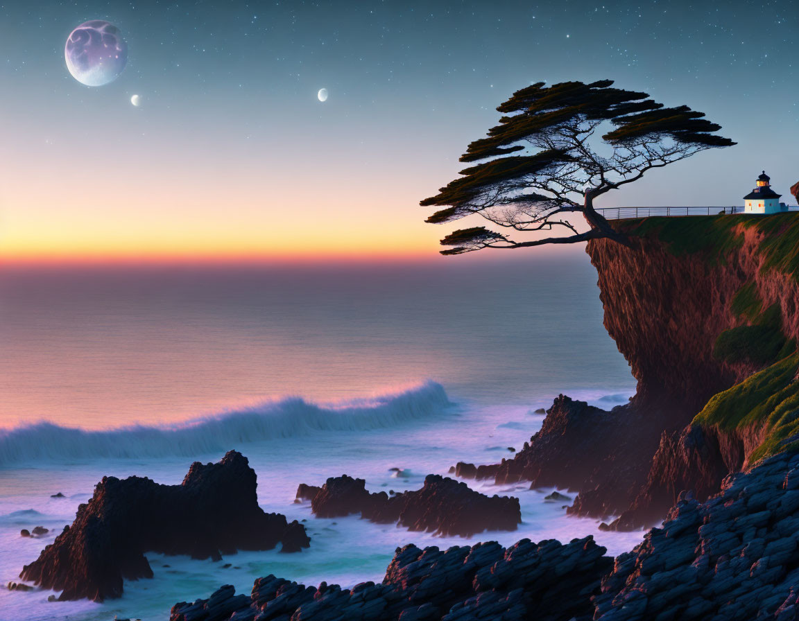 Tranquil coastal twilight with lone tree, lighthouse, and moon