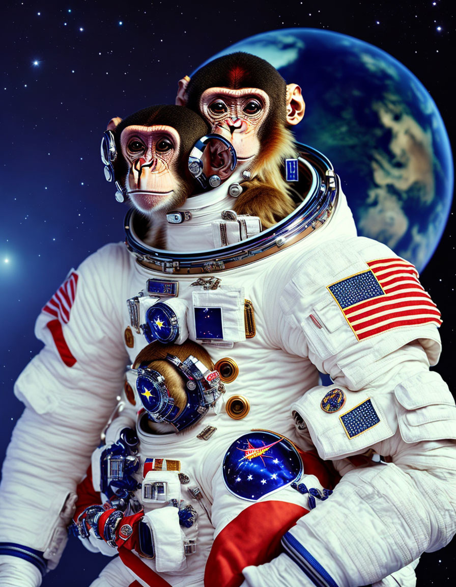 Two monkeys in astronaut suits with Earth in space backdrop.