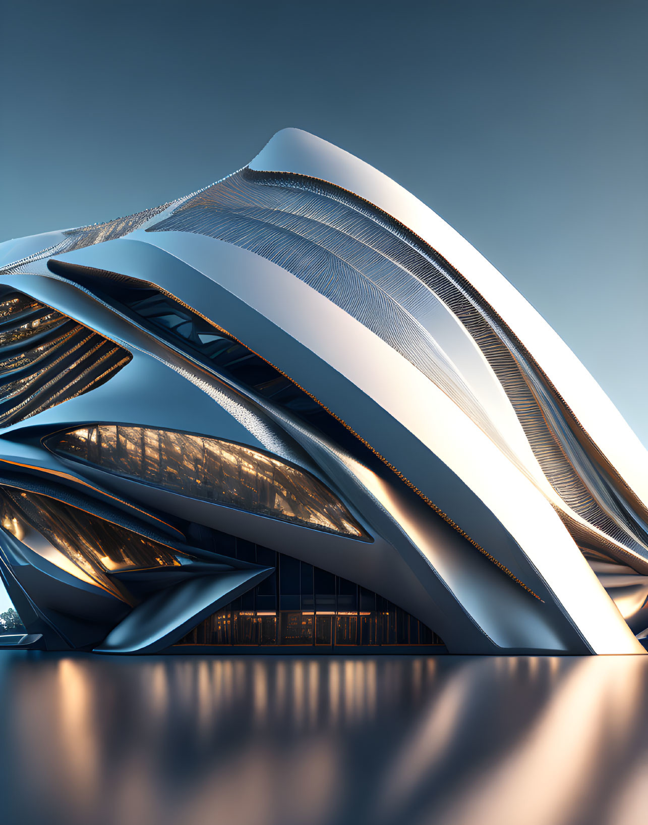 Futuristic building with organic shapes, metallic and glass materials against blue sky