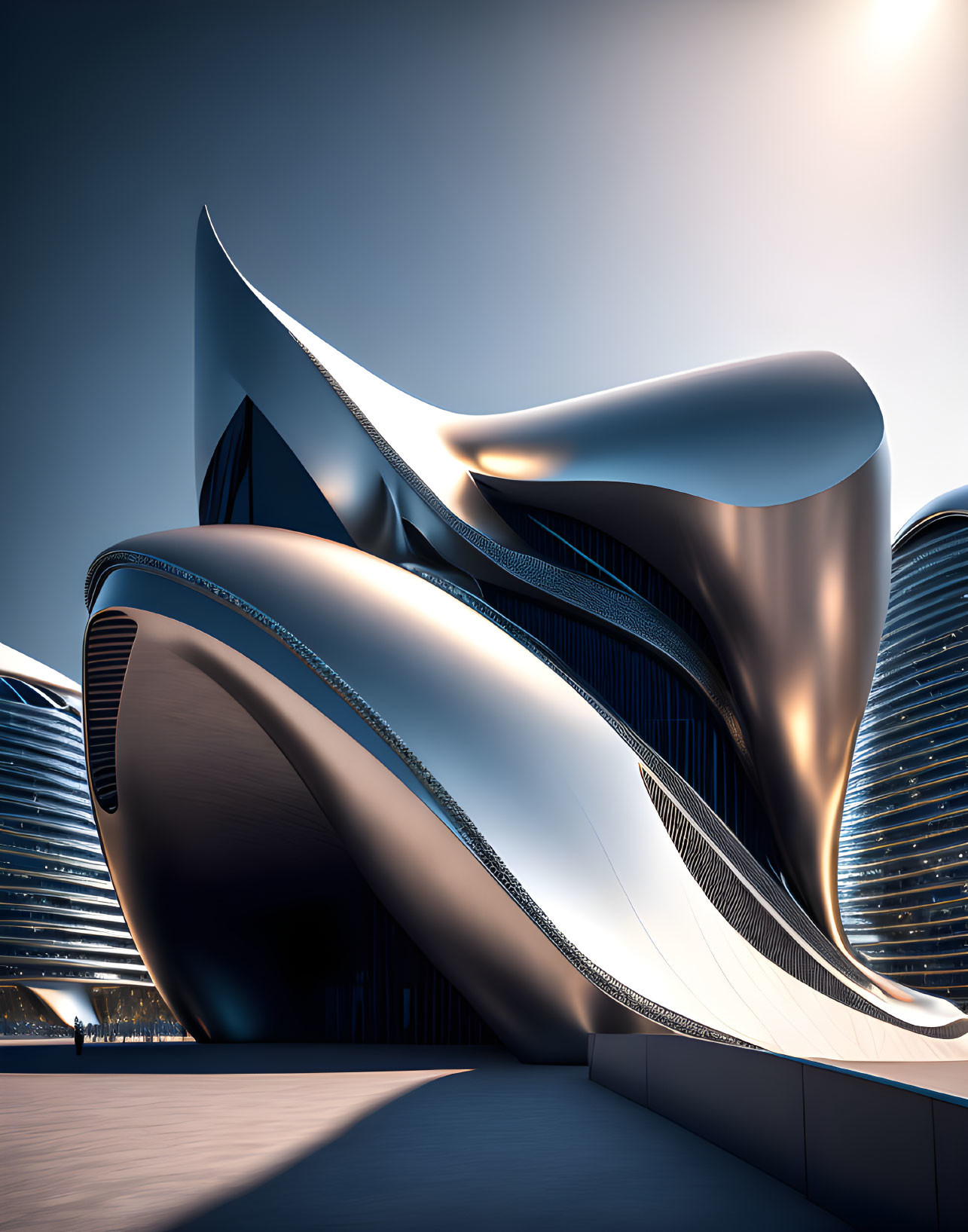 Modern urban architecture with futuristic design and metallic surfaces under blue sky