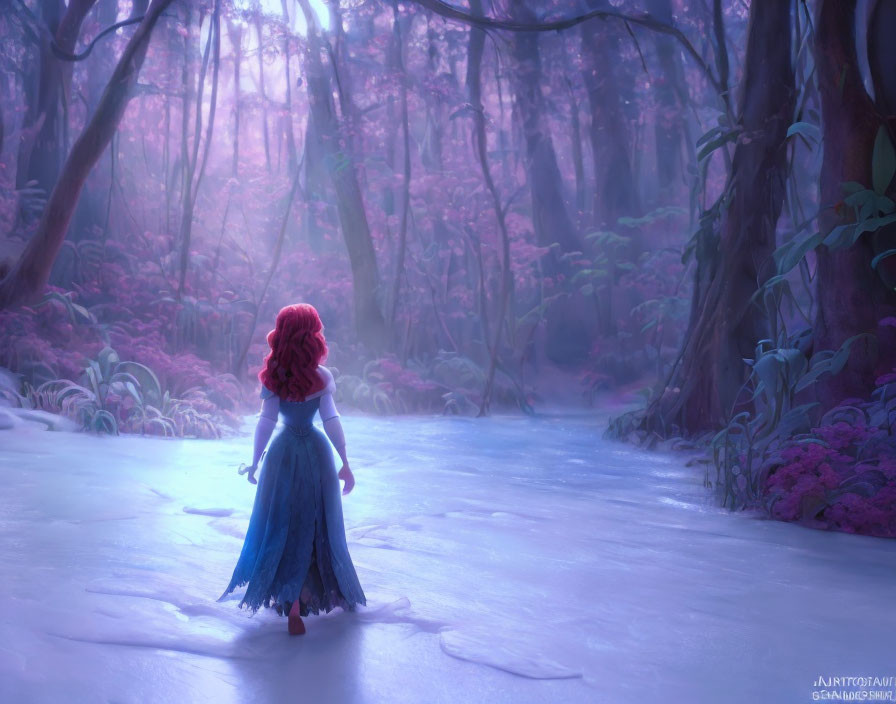 Red-Haired Girl in Blue Dress Walking on Icy Path in Enchanted Forest