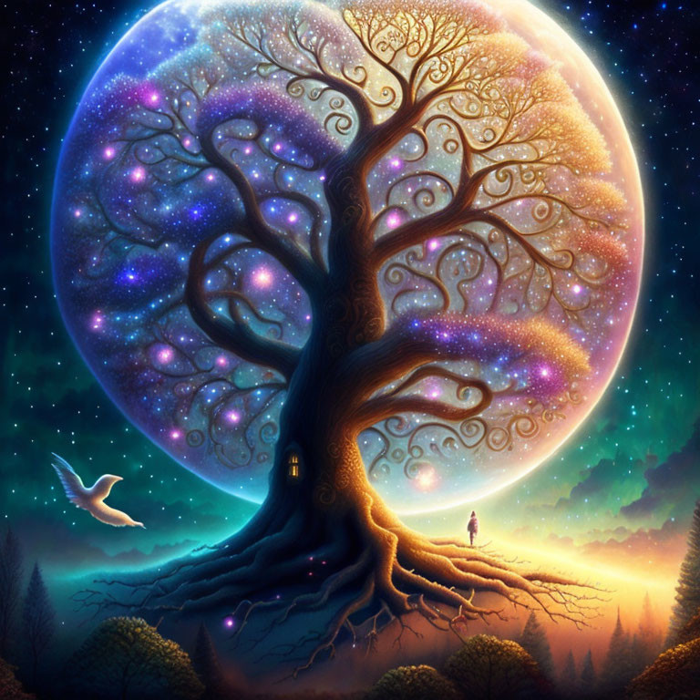 Fantasy image of colossal tree with cosmic foliage, full moon, lone figure, and flying bird