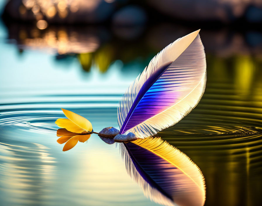 Colorful Feather and Flower Floating on Tranquil Water at Sunset