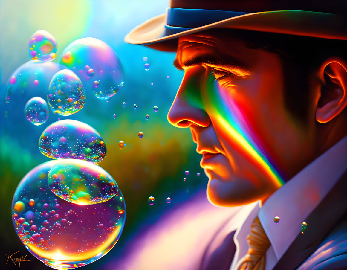 Man in White Hat Mesmerized by Rainbow Soap Bubbles
