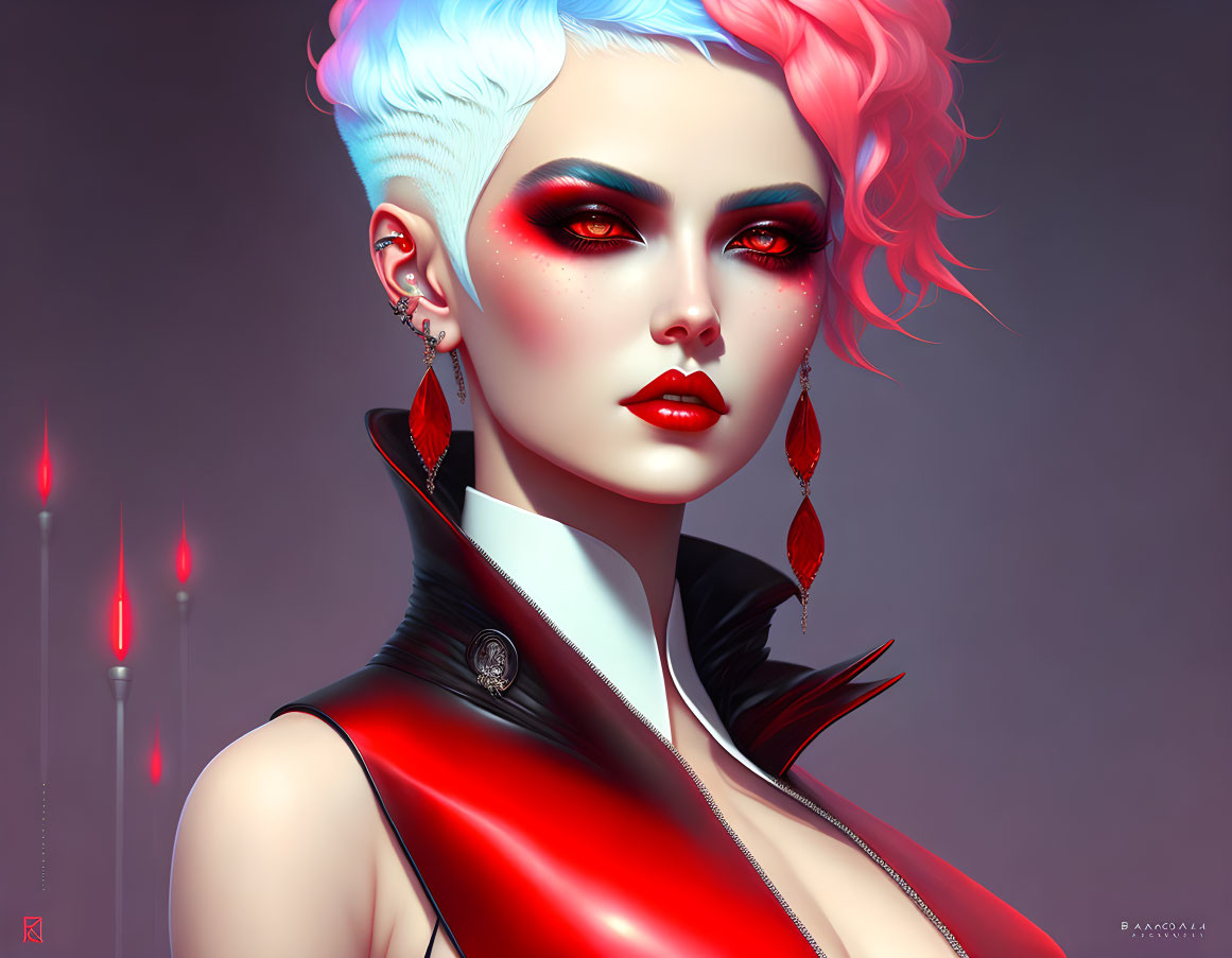 Digital Artwork: Woman with Blue and Pink Hair, Red Eye Makeup, Ruby Earrings, Red