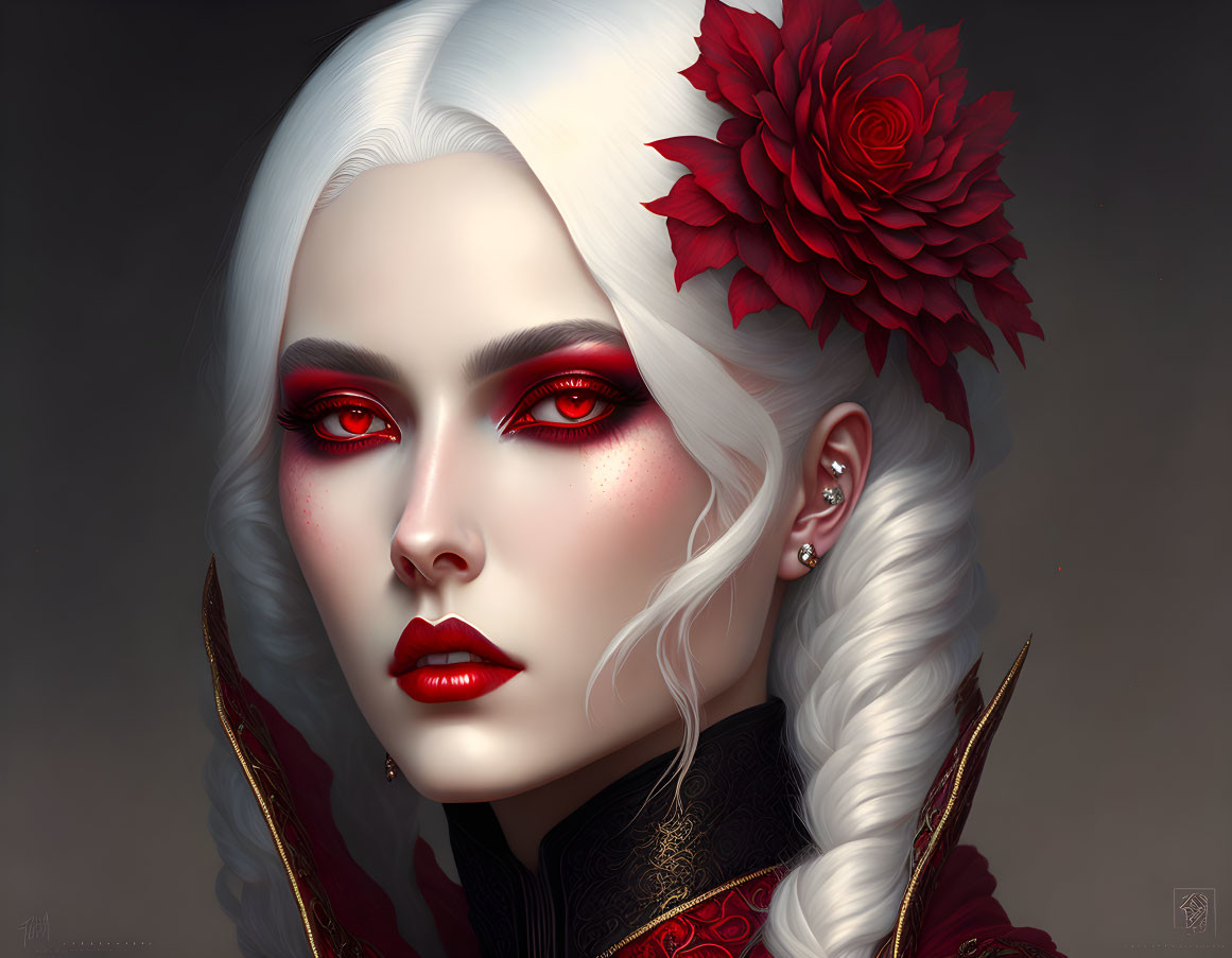 Portrait of woman with red eyes, white hair, red rose, dark attire