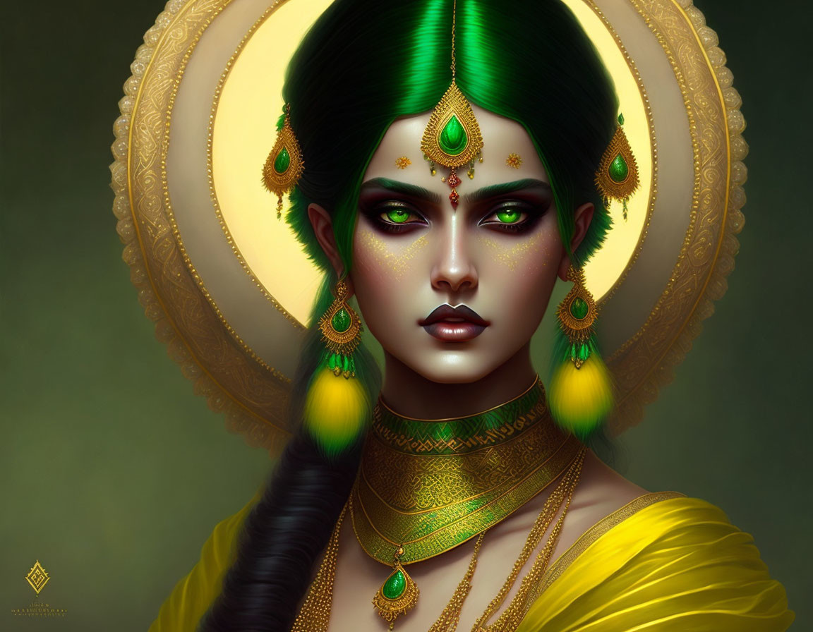 Portrait of Woman with Green Skin and Golden Halo in Elaborate Jewelry