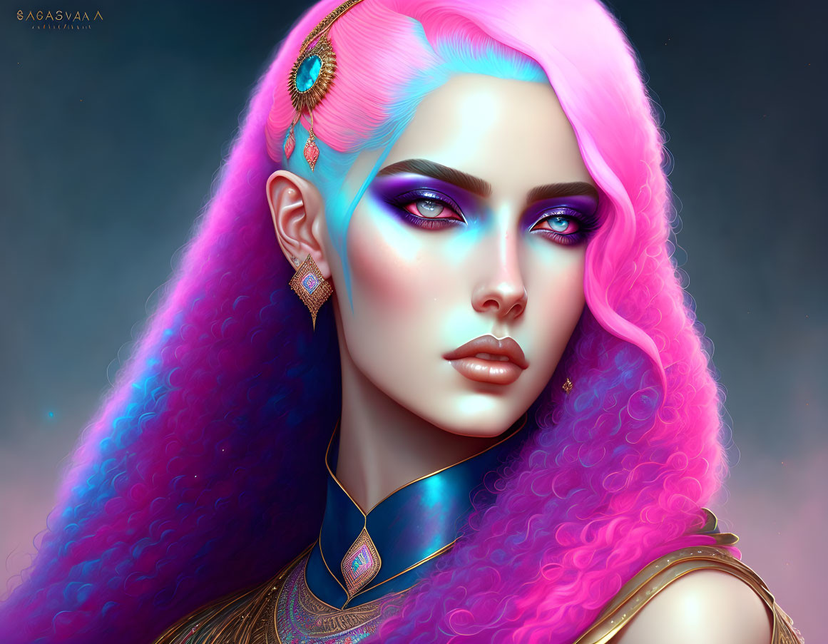 Vibrant pink-haired woman with blue eyes and gold jewelry in digital art