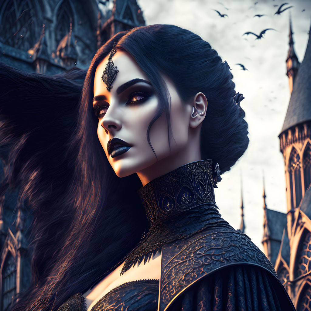 Fantasy-inspired woman in dark attire at gothic cathedral under ominous sky