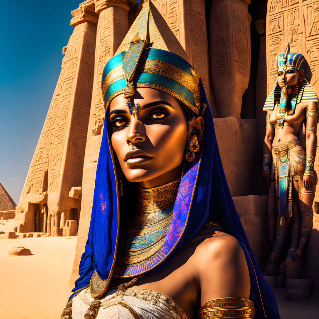 Digital artwork: Woman as ancient Egyptian queen with headdress, pyramids & statues.