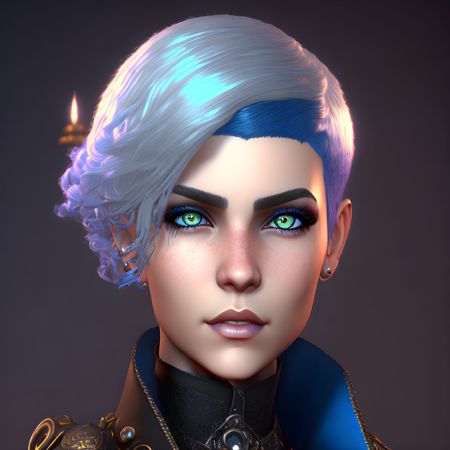 Person with Blue and White Hair in Medieval Outfit: 3D Illustration