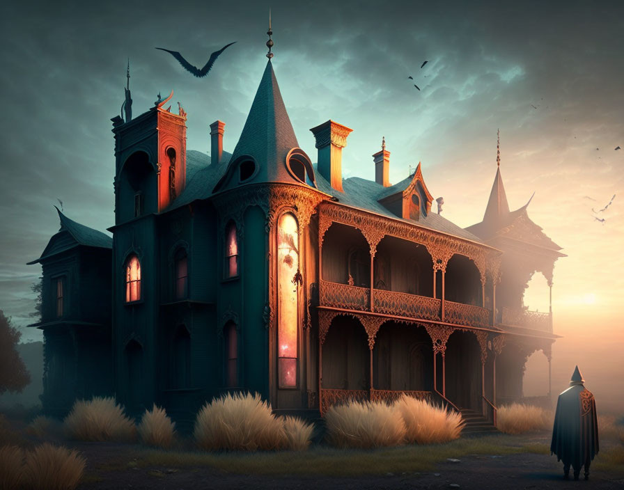 Victorian-style haunted mansion with cloaked figure at dusk