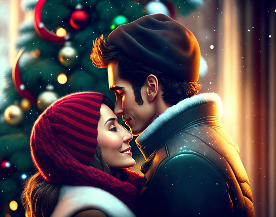 Affectionate couple near Christmas tree with falling snowflakes