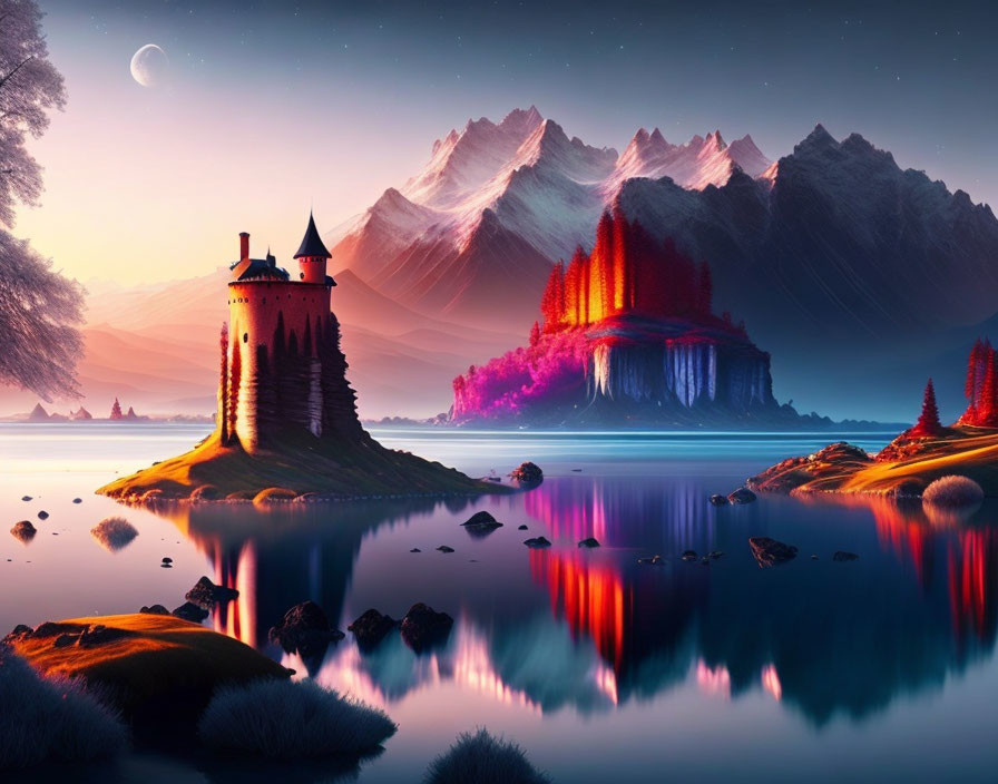 Fantastical landscape with castle on island, serene waters, mountains, twilight sky, colorful foliage