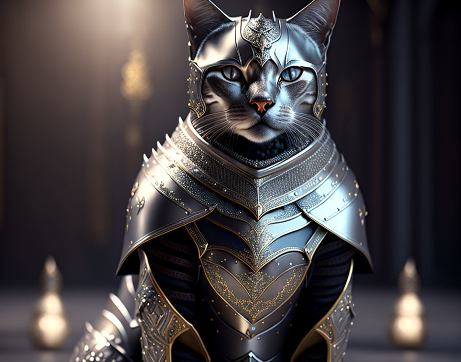 Regal Cat in Silver and Gold Armor on Dark Background