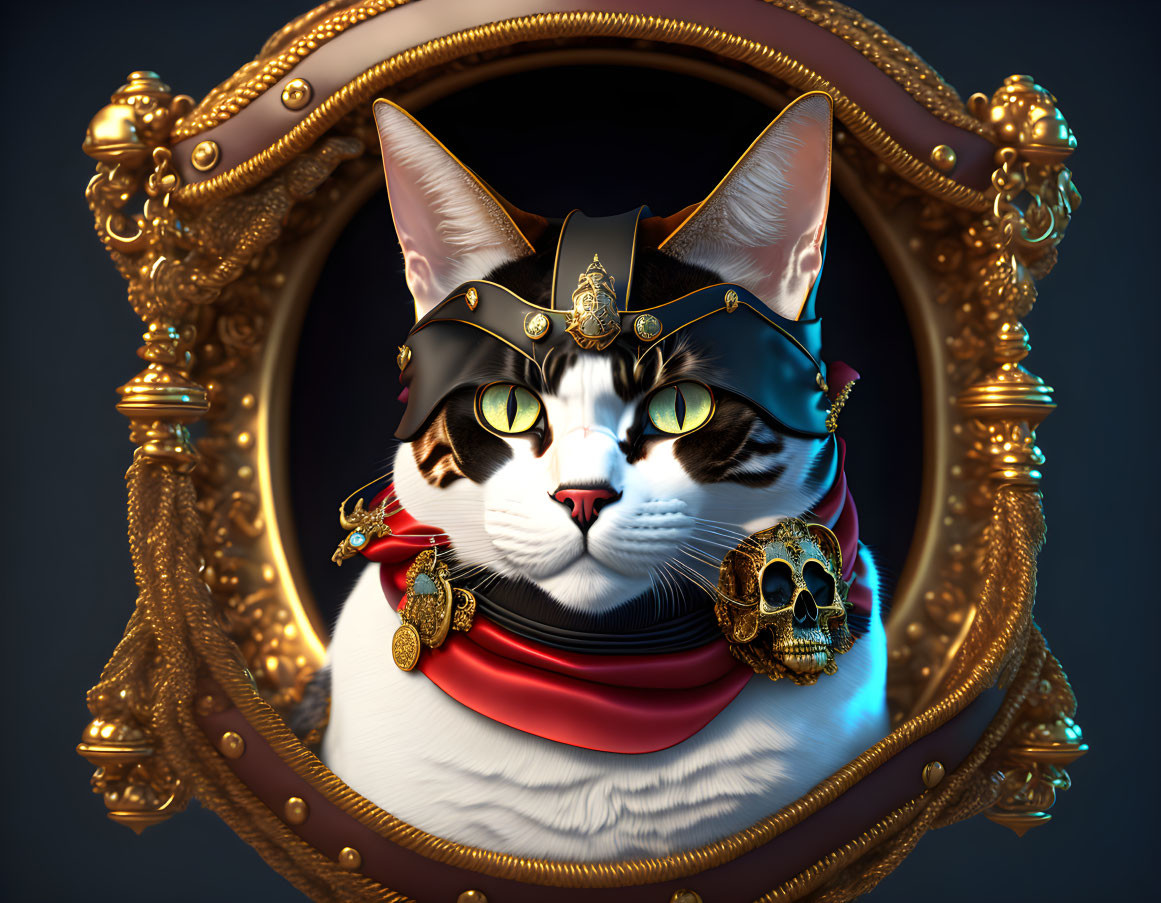 Regal cat with crown, medals, and red scarf in ornate golden mirror
