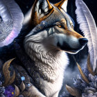 Majestic wolf with metallic armor and wings in starry night scene